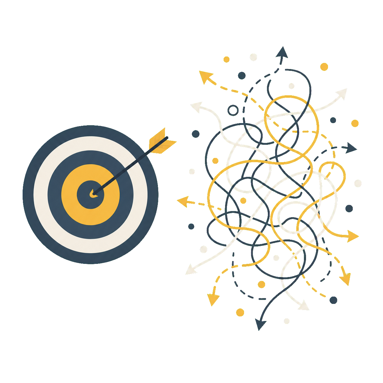 Focus vs. dispersion: a single clear target beside a chaos of indicators.