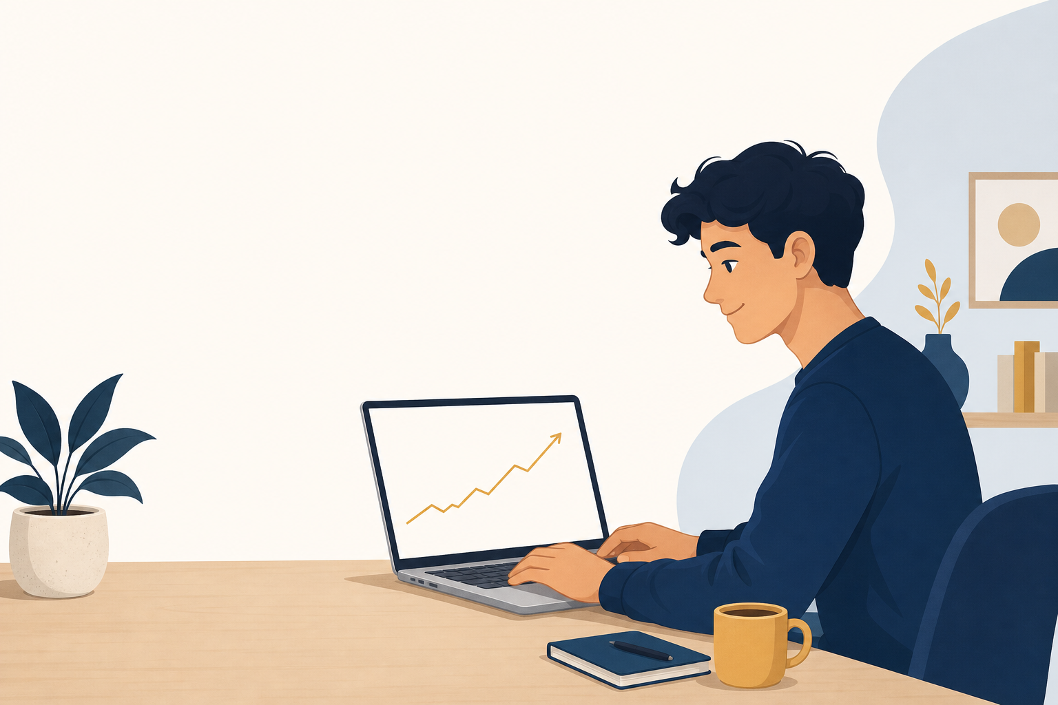 A beginner trader at a laptop with a clean, gradually rising chart.